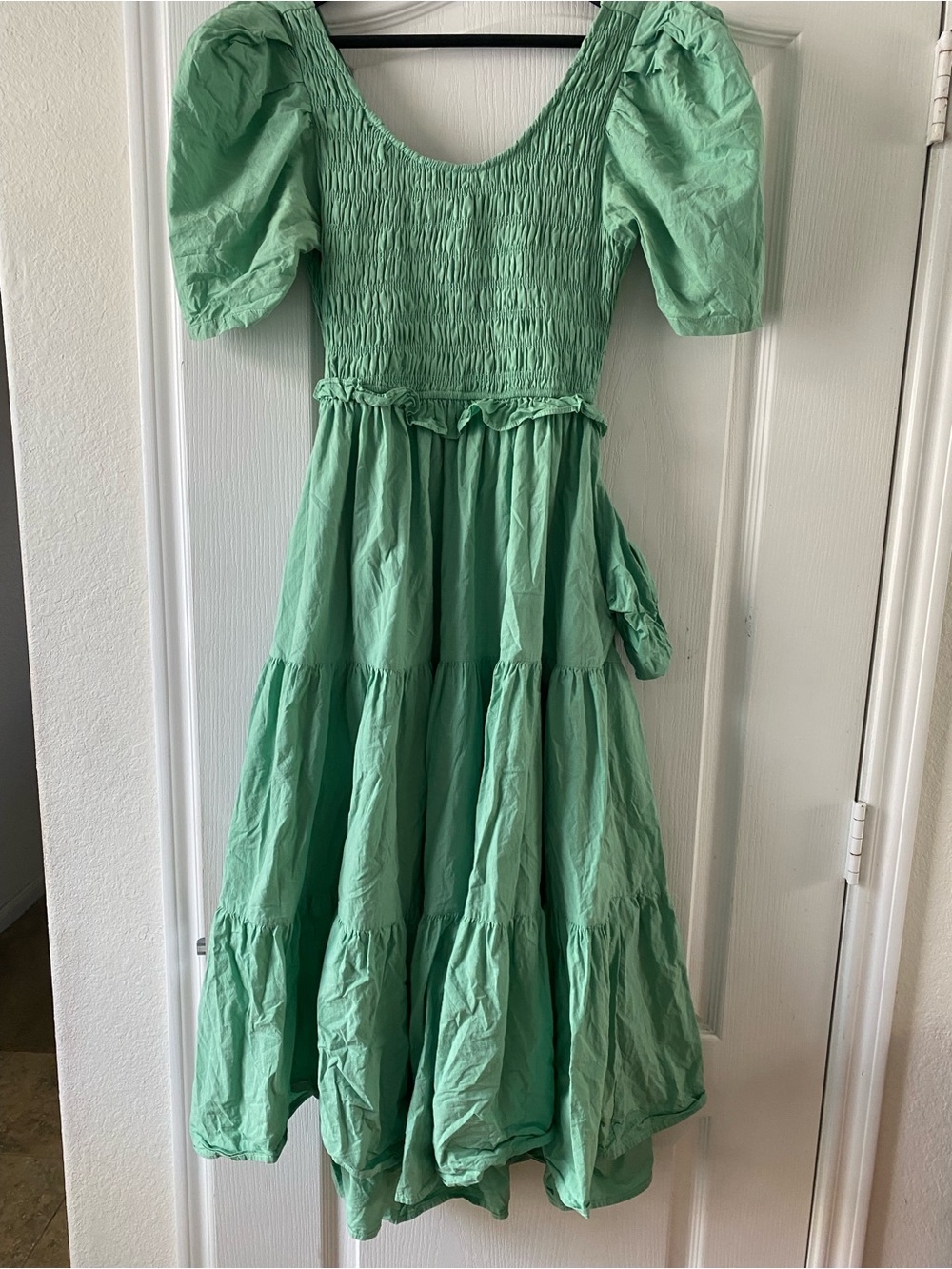 &Merci Sage Green Smocked Open Tie Back Tiered Puff Sleeve Coquette Midi Dress S - Picture 3 of 14